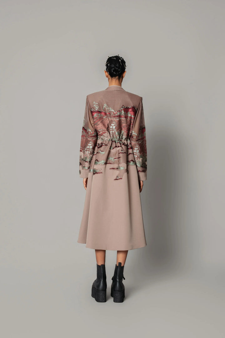 Brown hokusai embroidered long dress