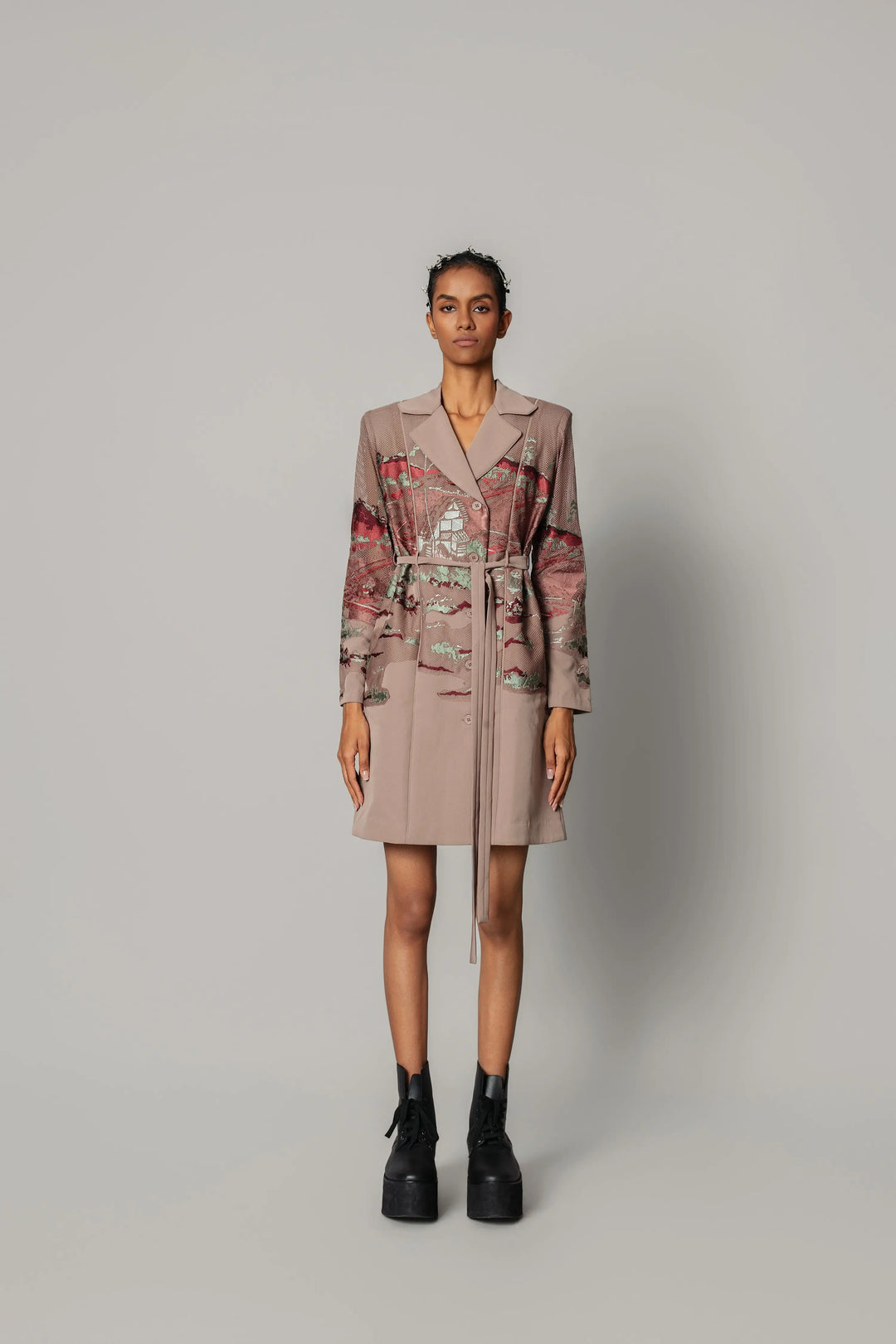 Brown hokusai embroidered coat dress