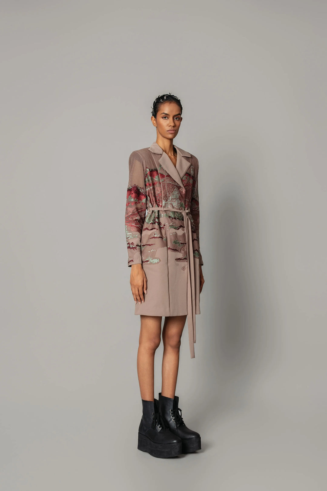 Brown hokusai embroidered coat dress