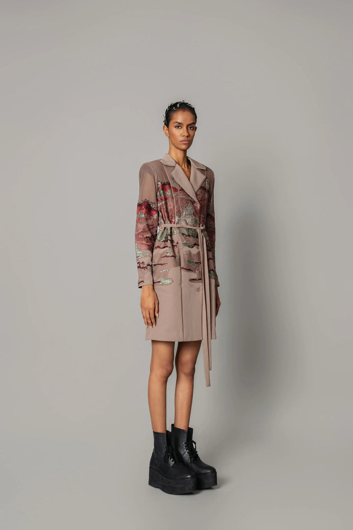 Brown hokusai embroidered coat dress