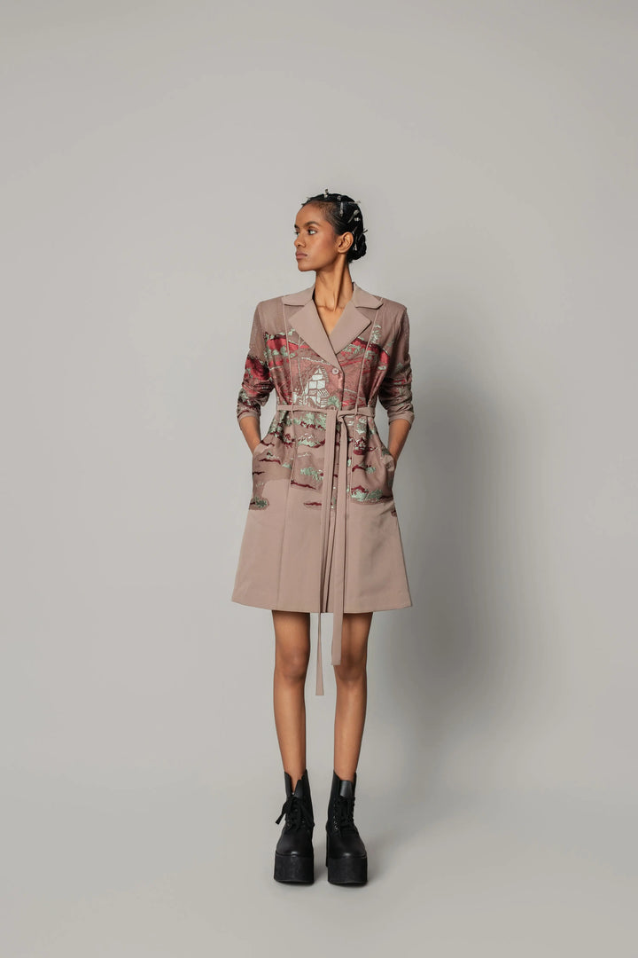 Brown hokusai embroidered coat dress