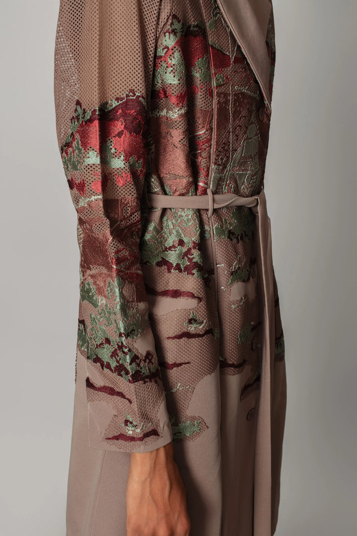 Brown hokusai embroidered coat dress