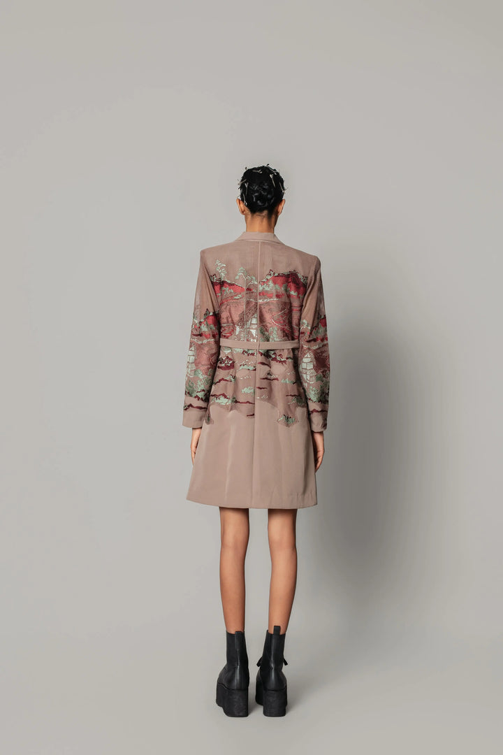 Brown hokusai embroidered coat dress