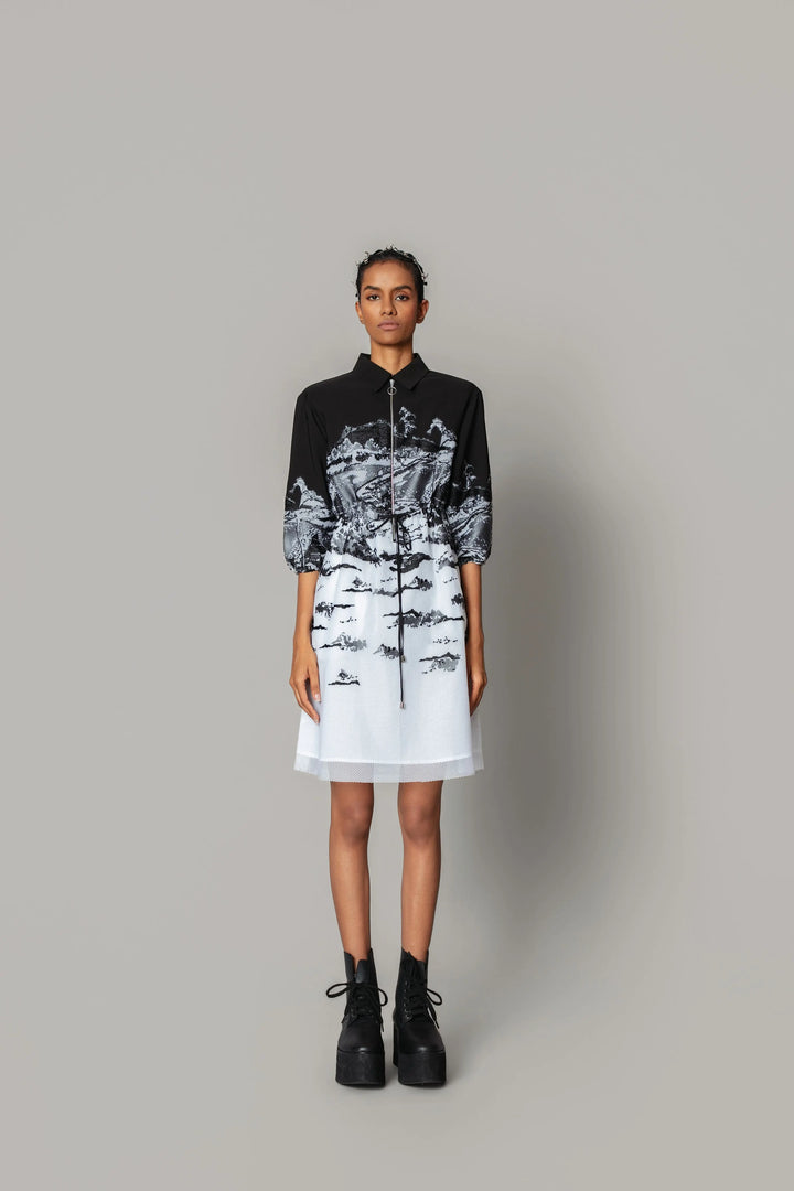 B&W hokusai embroidered Short Dress