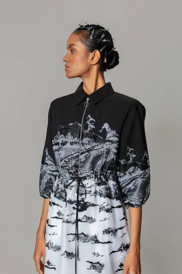 B&W hokusai embroidered Short Dress