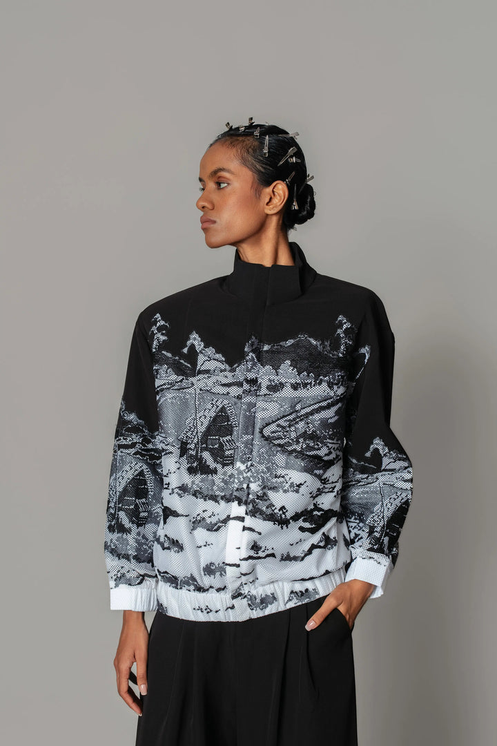 B&W hokusai embroidered Bomber Jacket