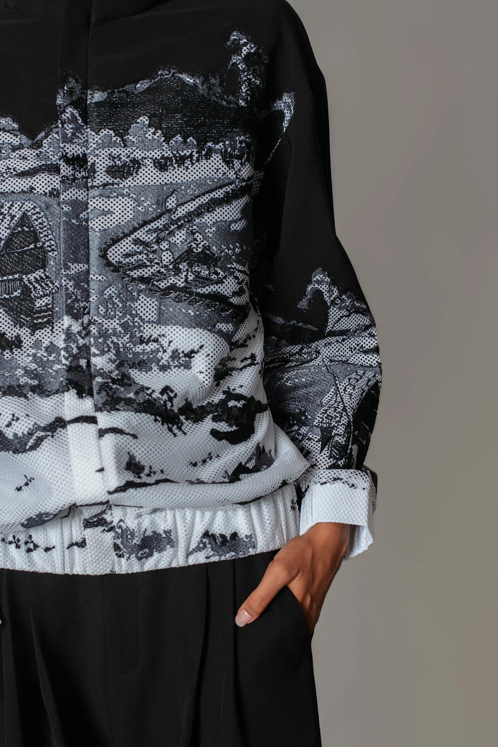 B&W hokusai embroidered Bomber Jacket