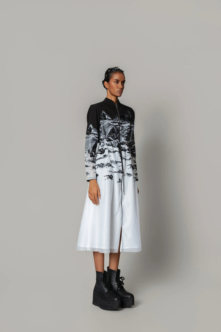 B&W hokusai embroidered Long Dress
