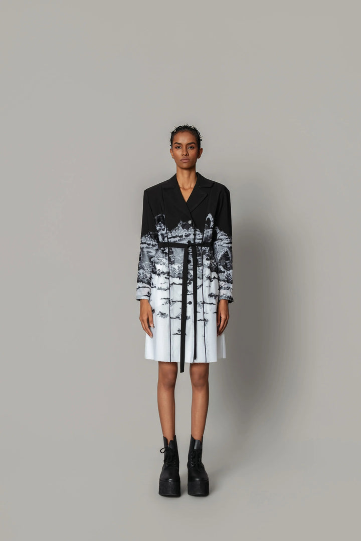 B&W hokusai embroidered Coat Dress
