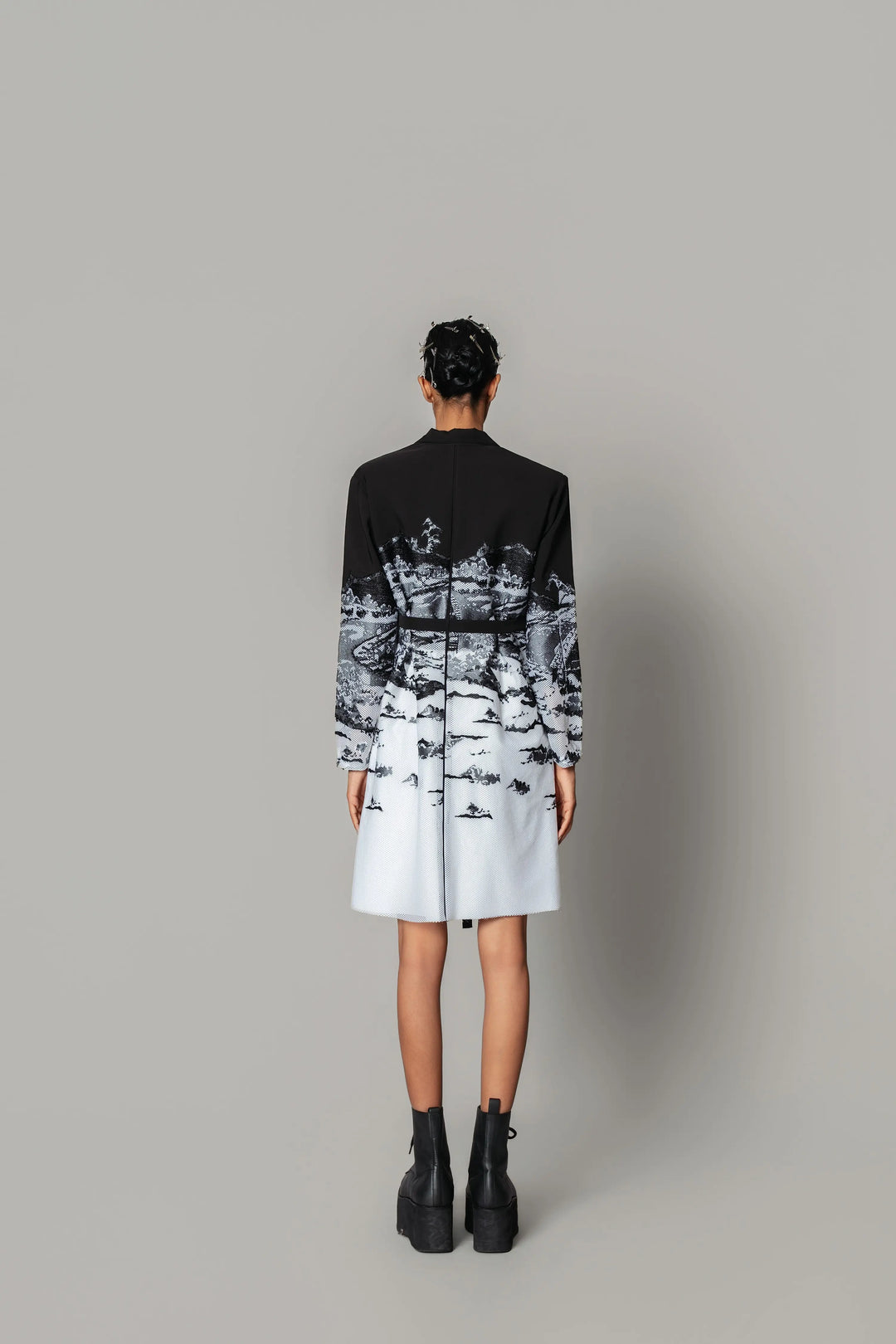 B&W hokusai embroidered Coat Dress