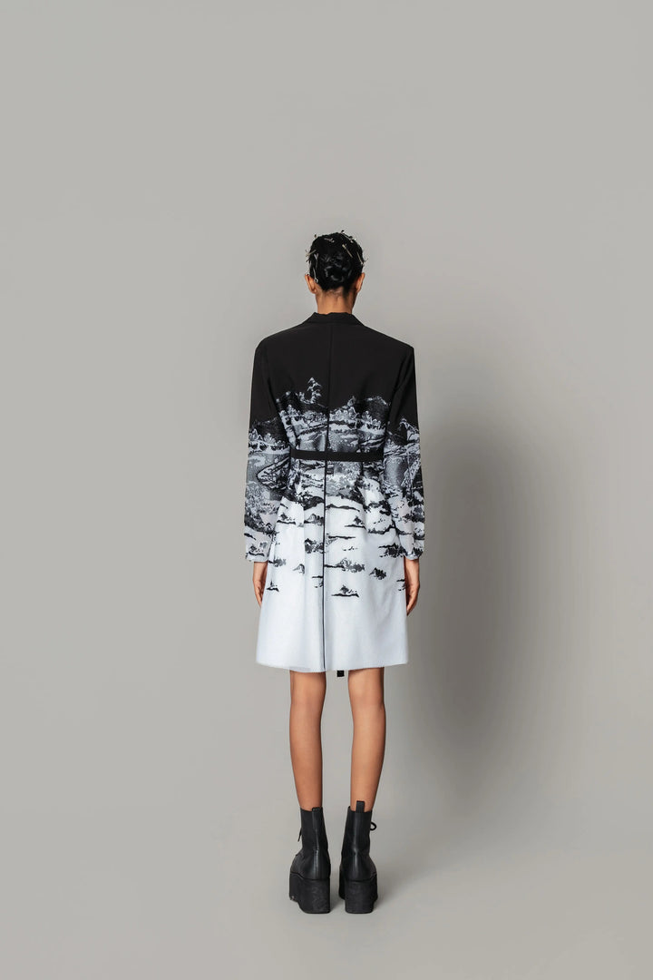 B&W hokusai embroidered Coat Dress