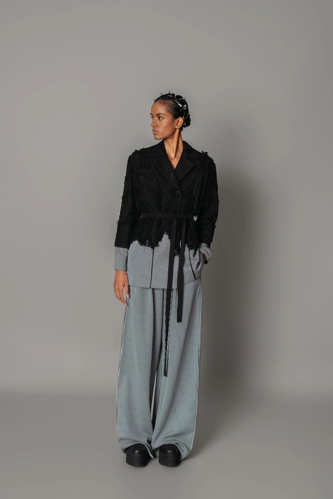 Black Map with Strips Coat Set
