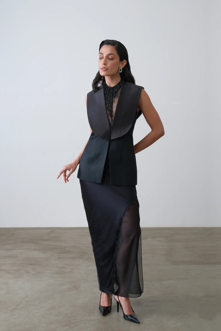 Black Asymmetrical Layered Silk Skirt