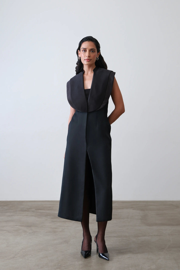Black Tailored Satin Collar Midi Dress
