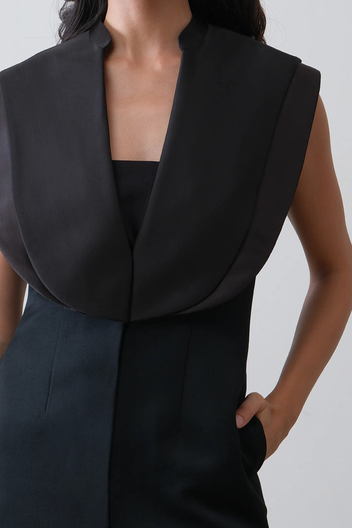 Black Tailored Satin Collar Midi Dress