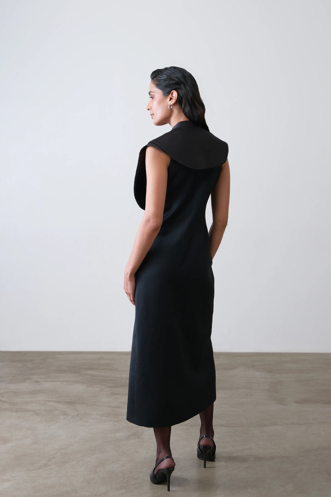 Black Tailored Satin Collar Midi Dress