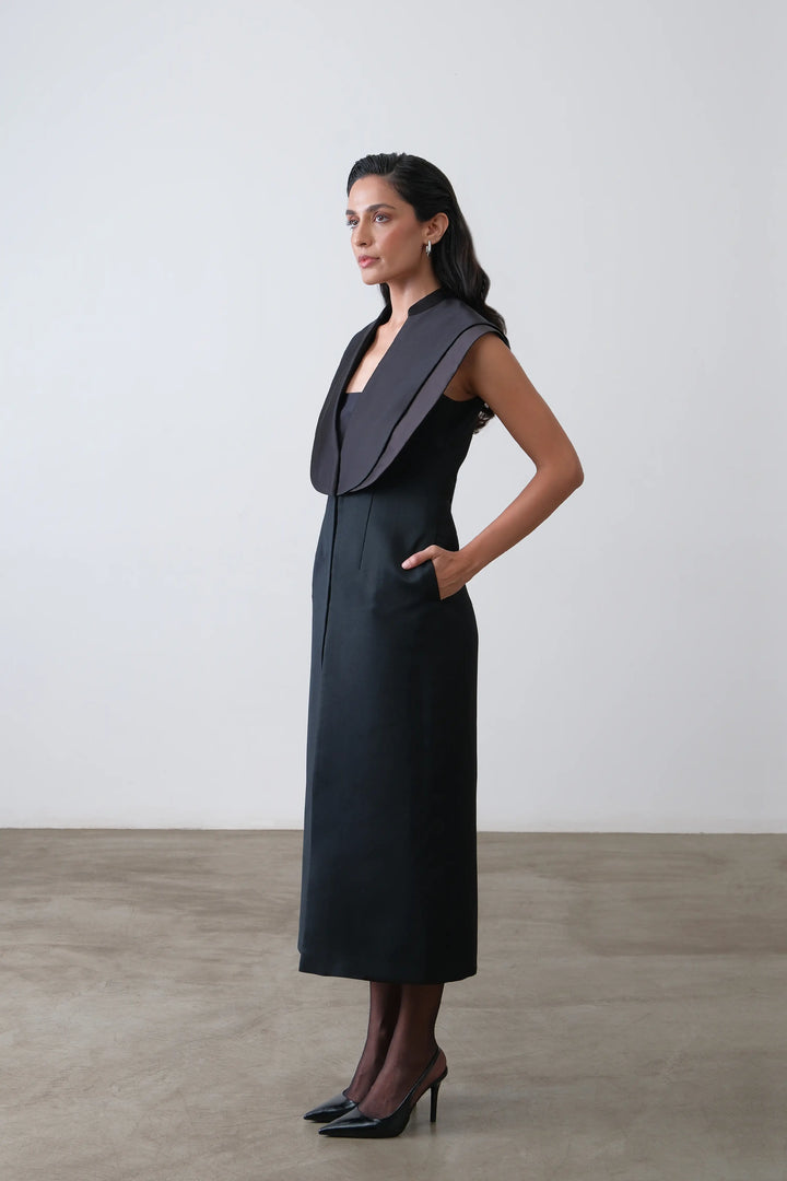 Black Tailored Satin Collar Midi Dress