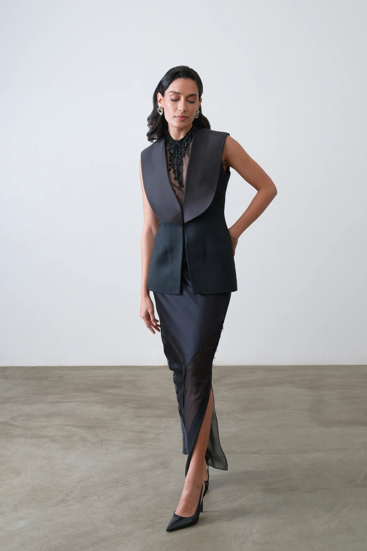 Black Tailored Satin Collar Waistcoat