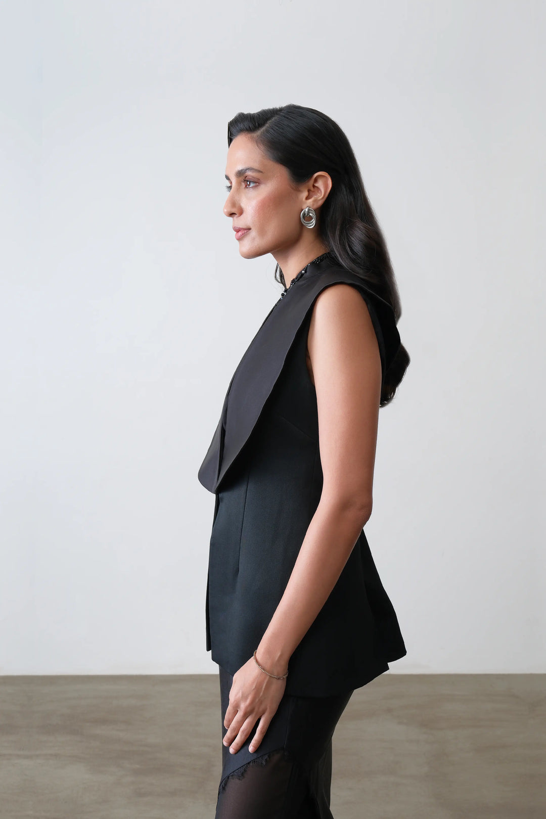 Black Tailored Satin Collar Waistcoat