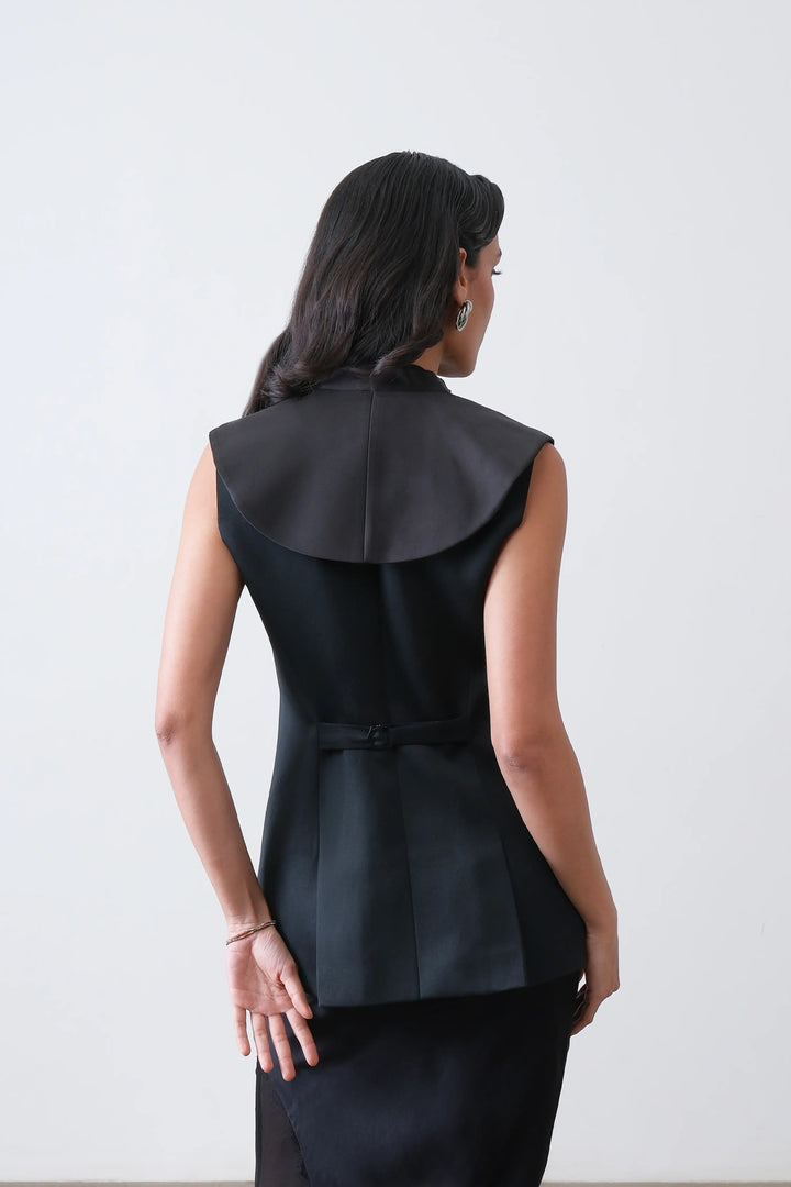 Black Tailored Satin Collar Waistcoat