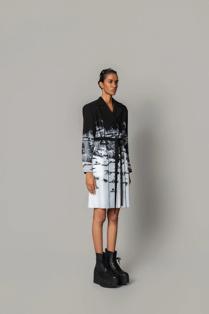 B&W hokusai embroidered Coat Dress