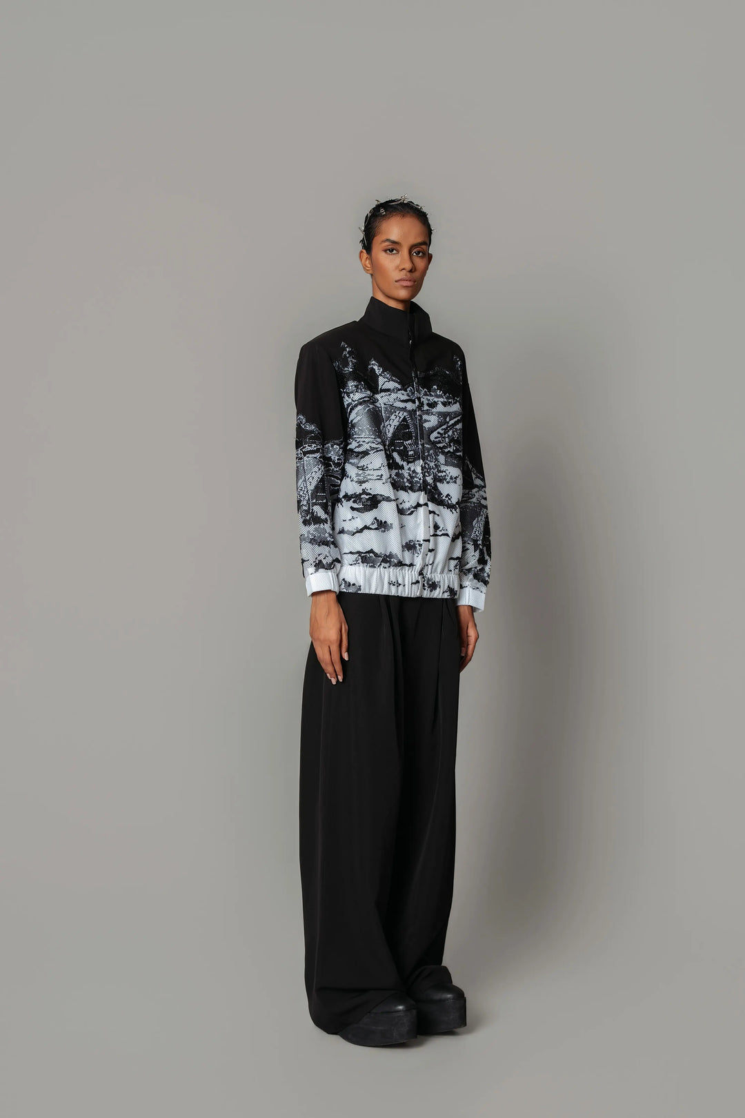 B&W hokusai embroidered Bomber Jacket