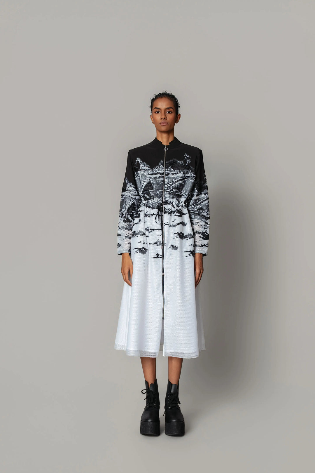 B&W hokusai embroidered Long Dress