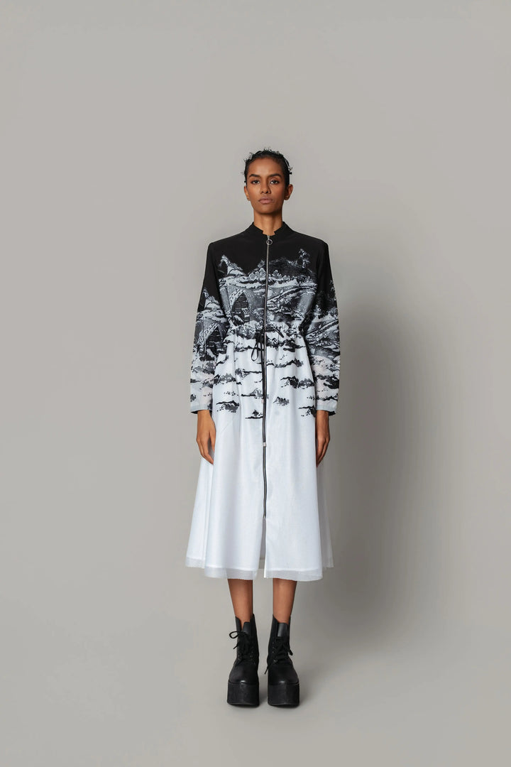 B&W hokusai embroidered Long Dress