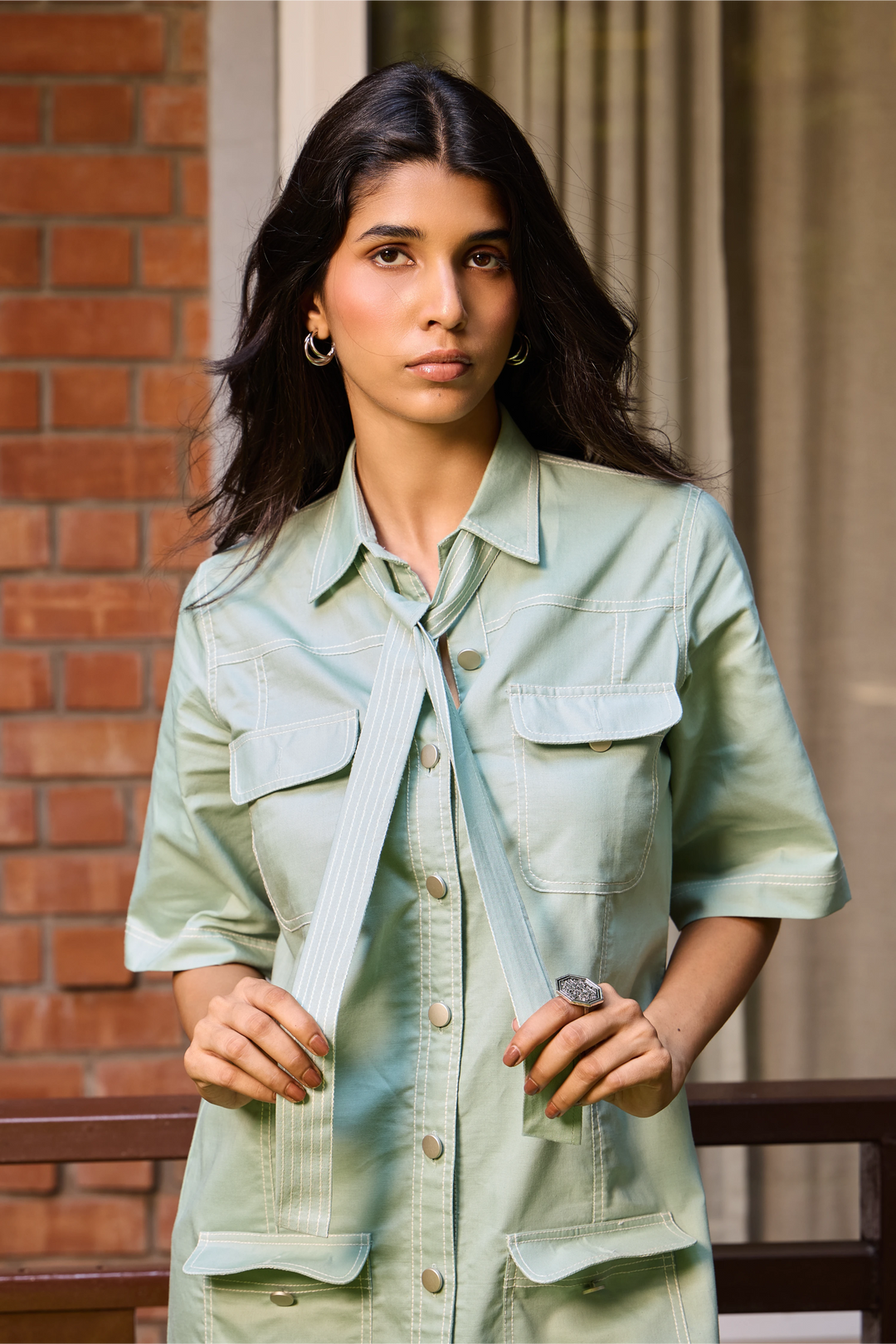 Sage Utility Shirt Dress