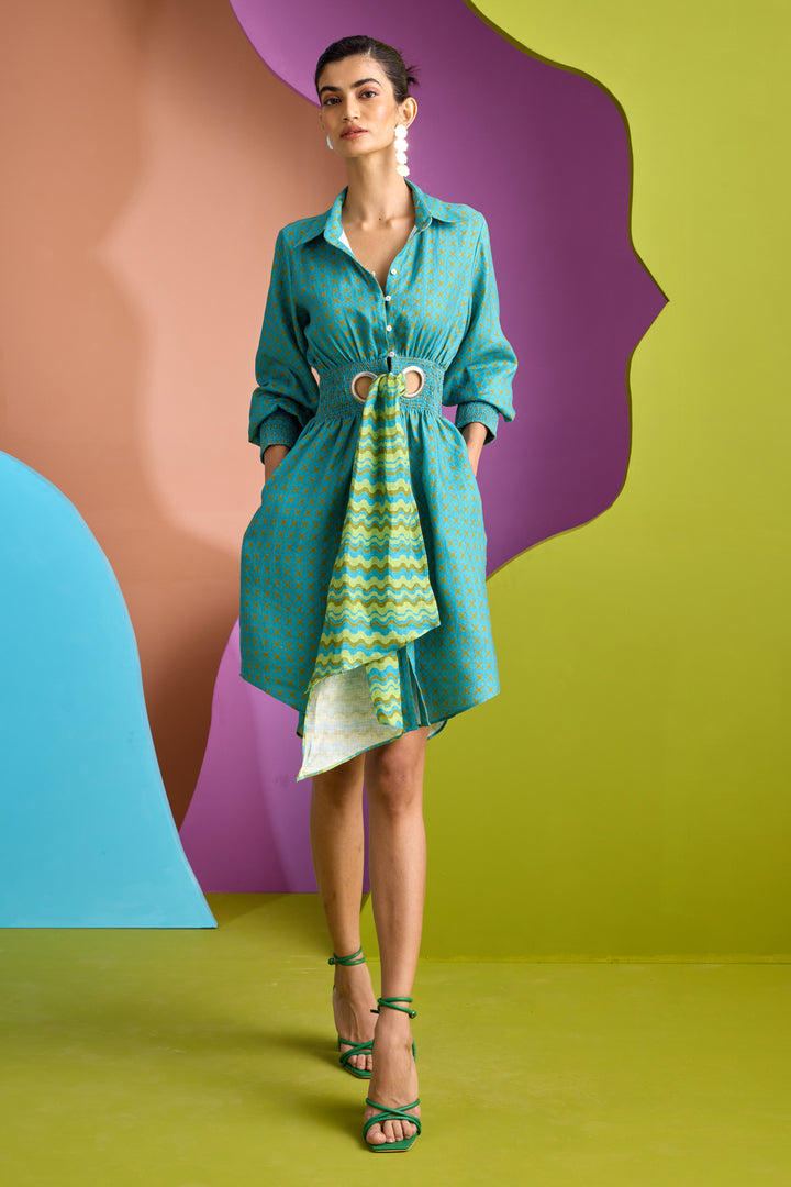 RUCHED SHIRT DRESS IN TESSERA