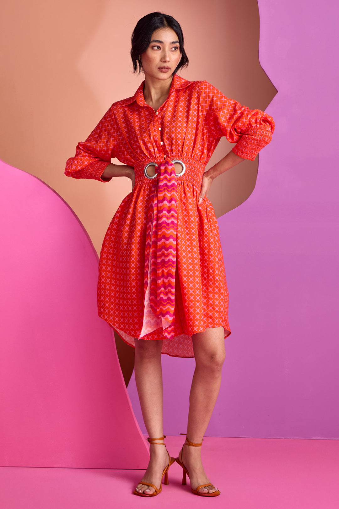 RUCHED SHIRT DRESS IN TESSERA