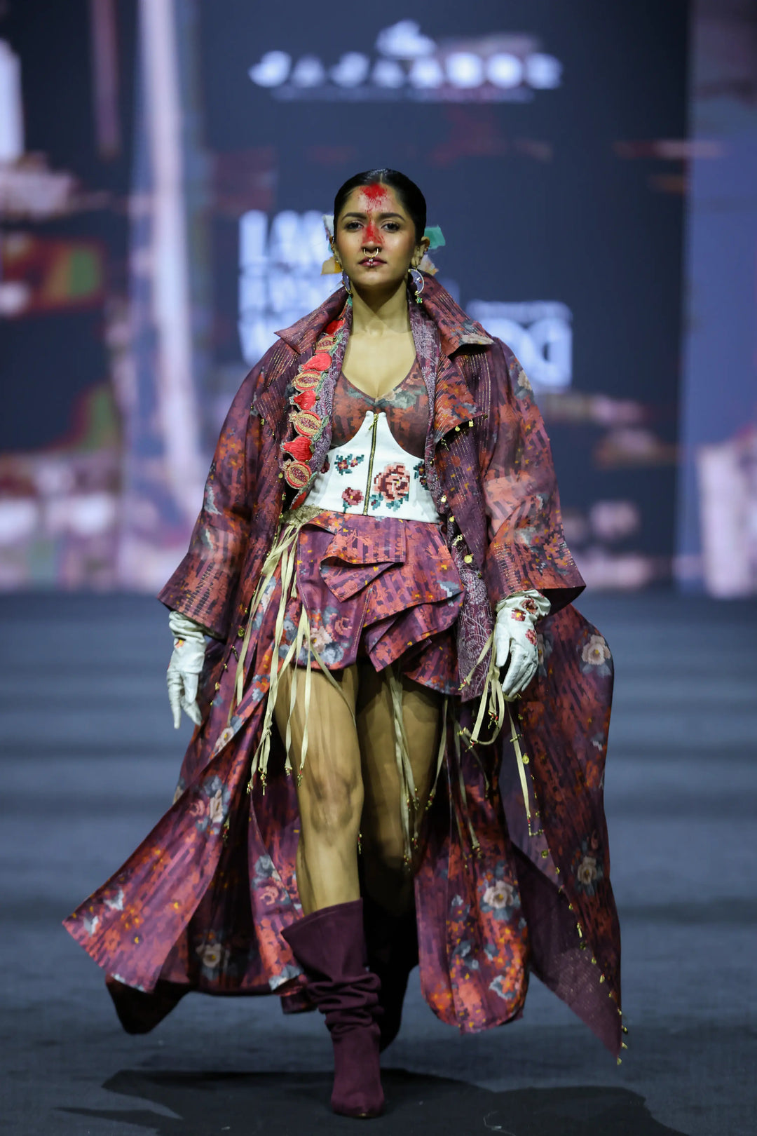 Printed Long Deconstructed Jacket With Bodysuit And Printed Panelld Skirt