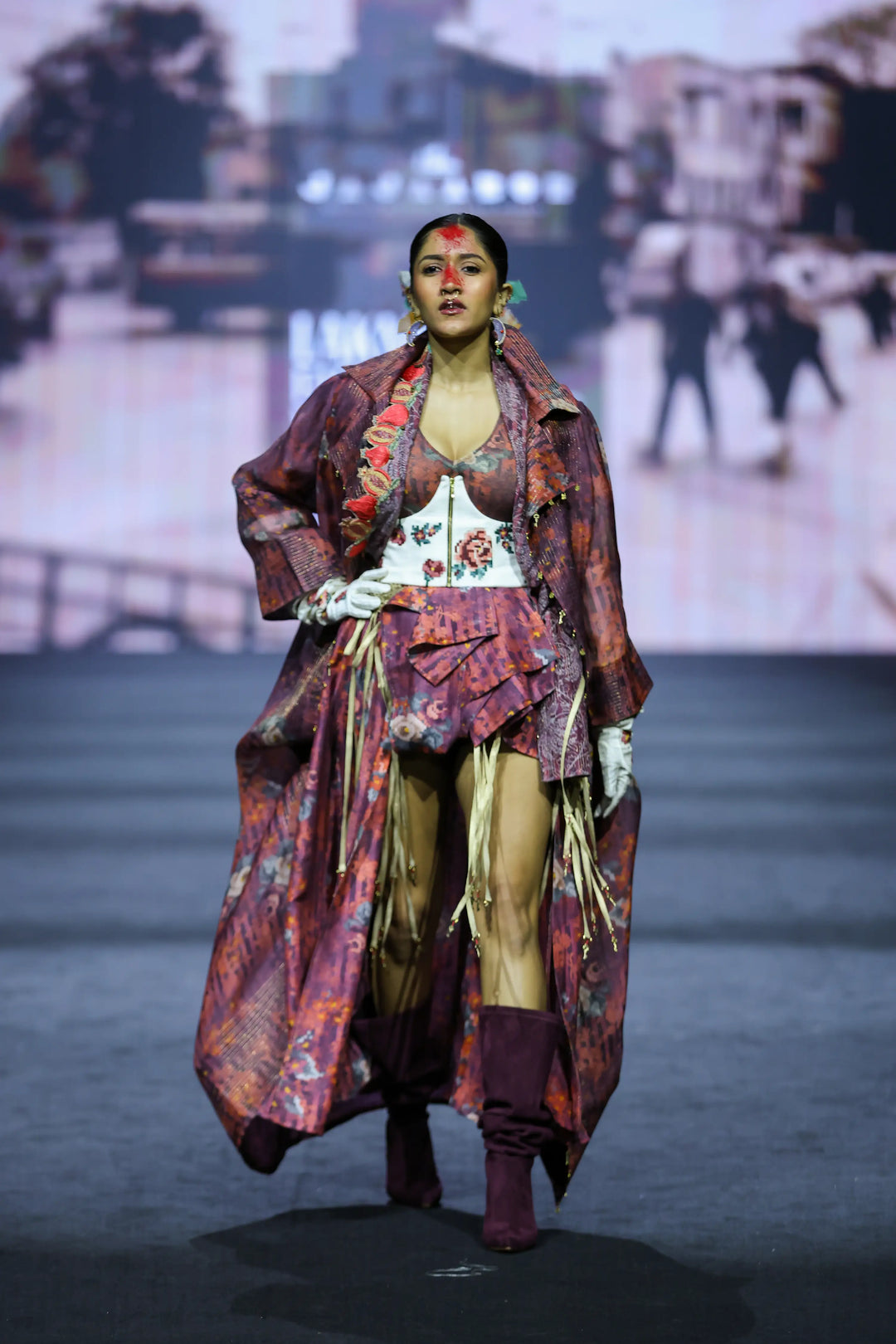 Printed Long Deconstructed Jacket With Bodysuit And Printed Panelld Skirt