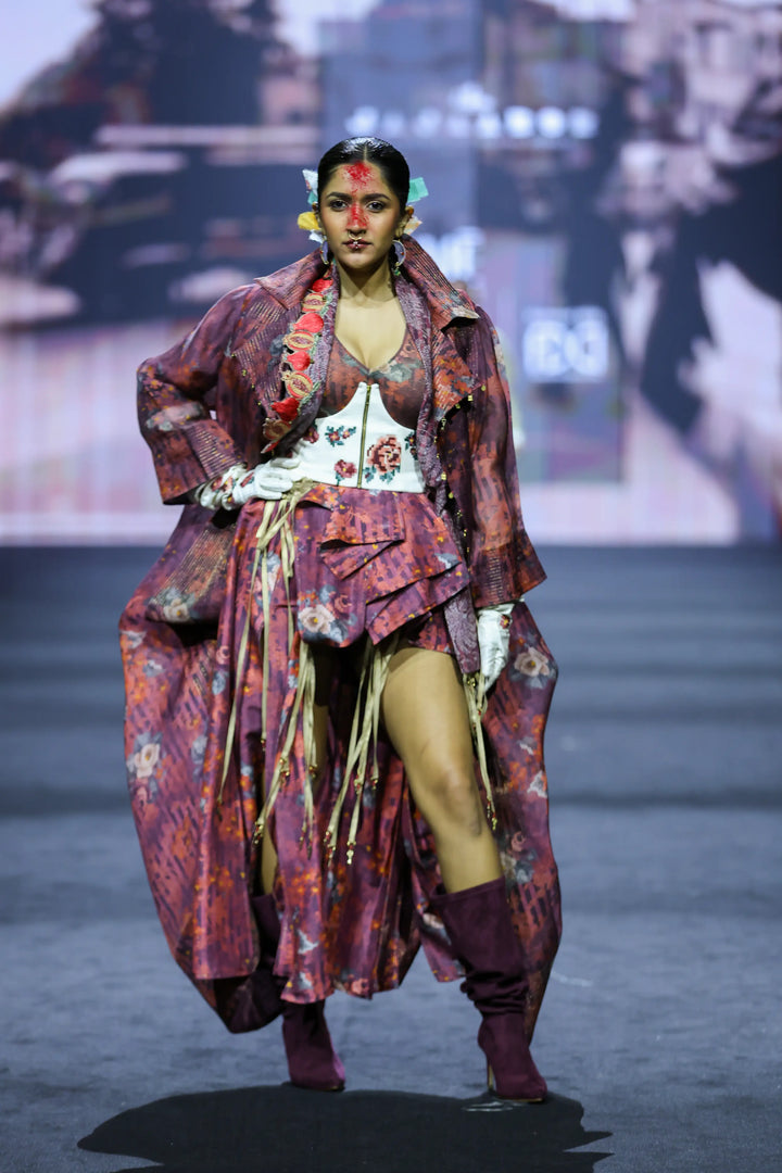 Printed Long Deconstructed Jacket With Bodysuit And Printed Panelld Skirt