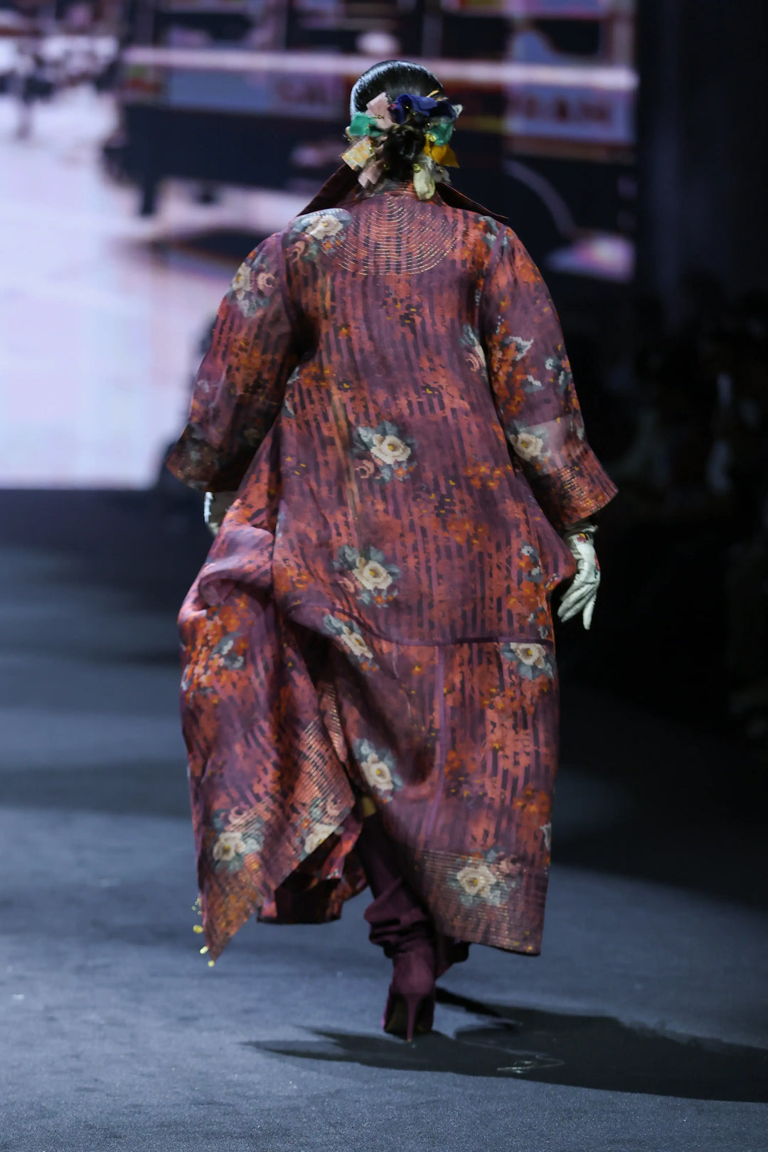 Printed Long Deconstructed Jacket With Bodysuit And Printed Panelld Skirt
