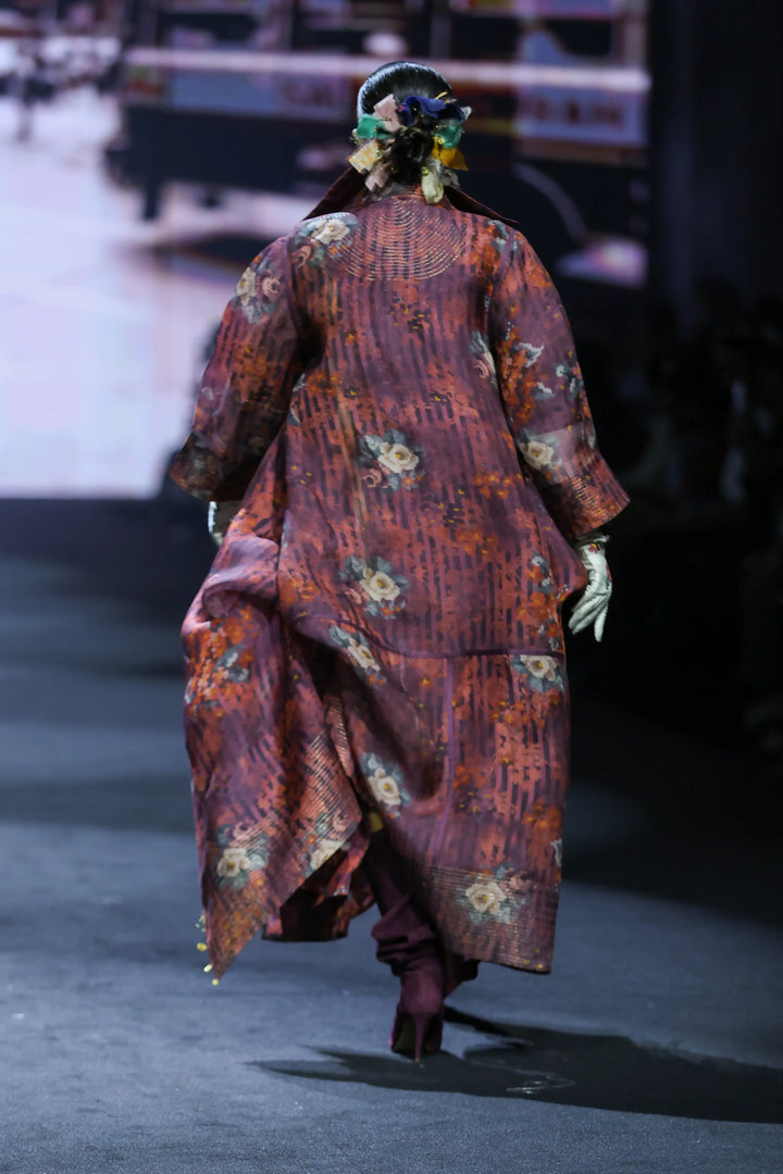 Printed Long Deconstructed Jacket With Bodysuit And Printed Panelld Skirt
