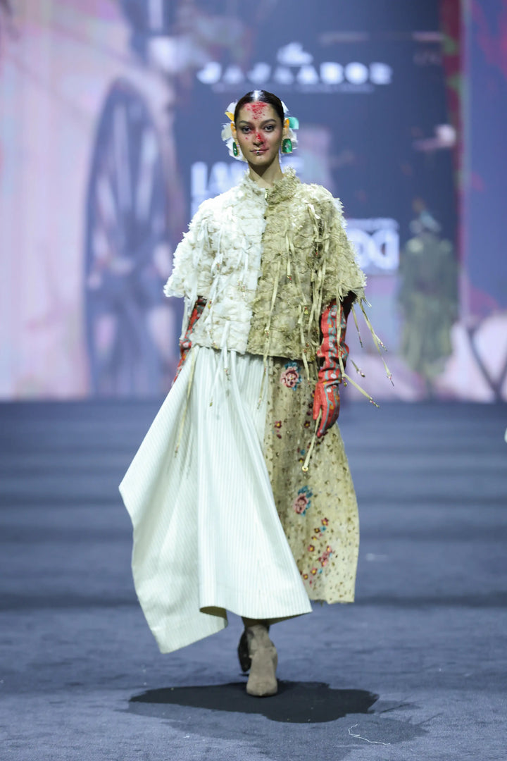 3D Floral Dual Color Jacket With Striped Denim And Emb Gold Panelled Skirt