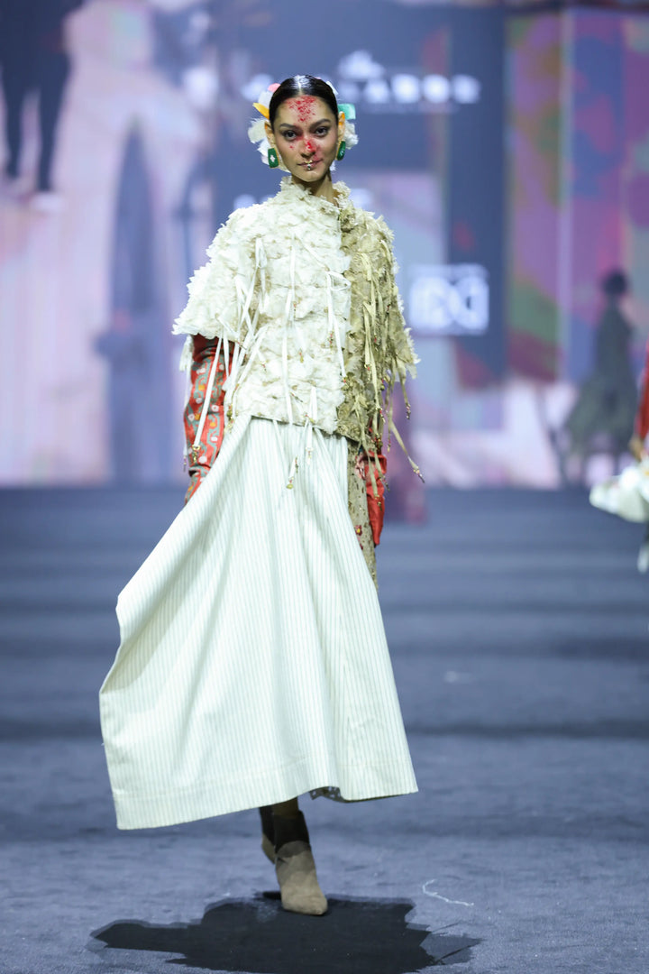 3D Floral Dual Color Jacket With Striped Denim And Emb Gold Panelled Skirt