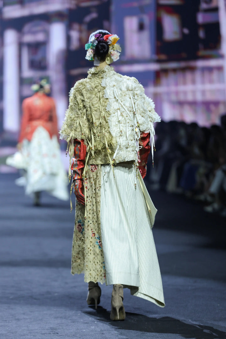 3D Floral Dual Color Jacket With Striped Denim And Emb Gold Panelled Skirt