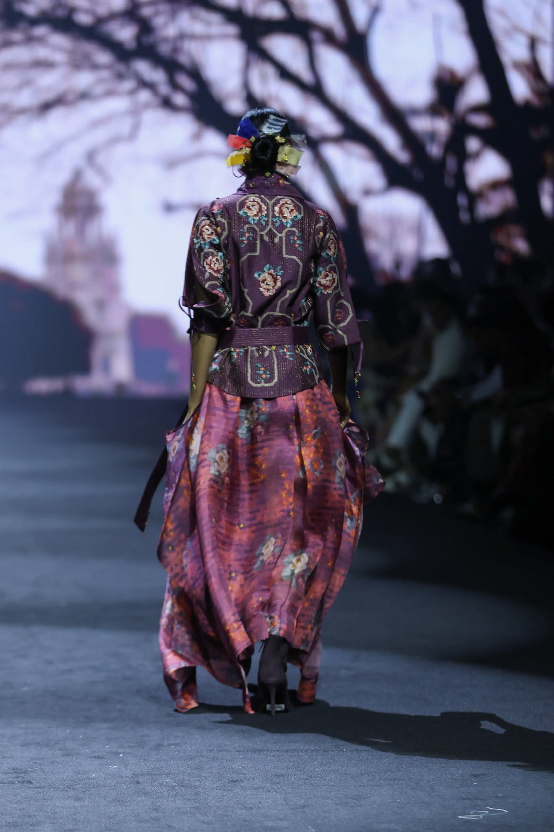 Engineered Draped Jacket With Printed Organza Skirt