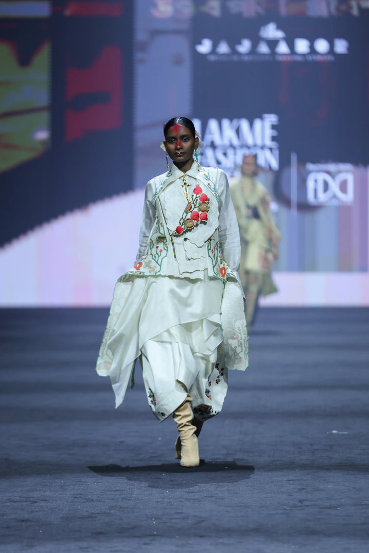 Pomogranate Emb Double Lapel Jacket Long Draped Shirt With Collar + Denim Barrel Skirt