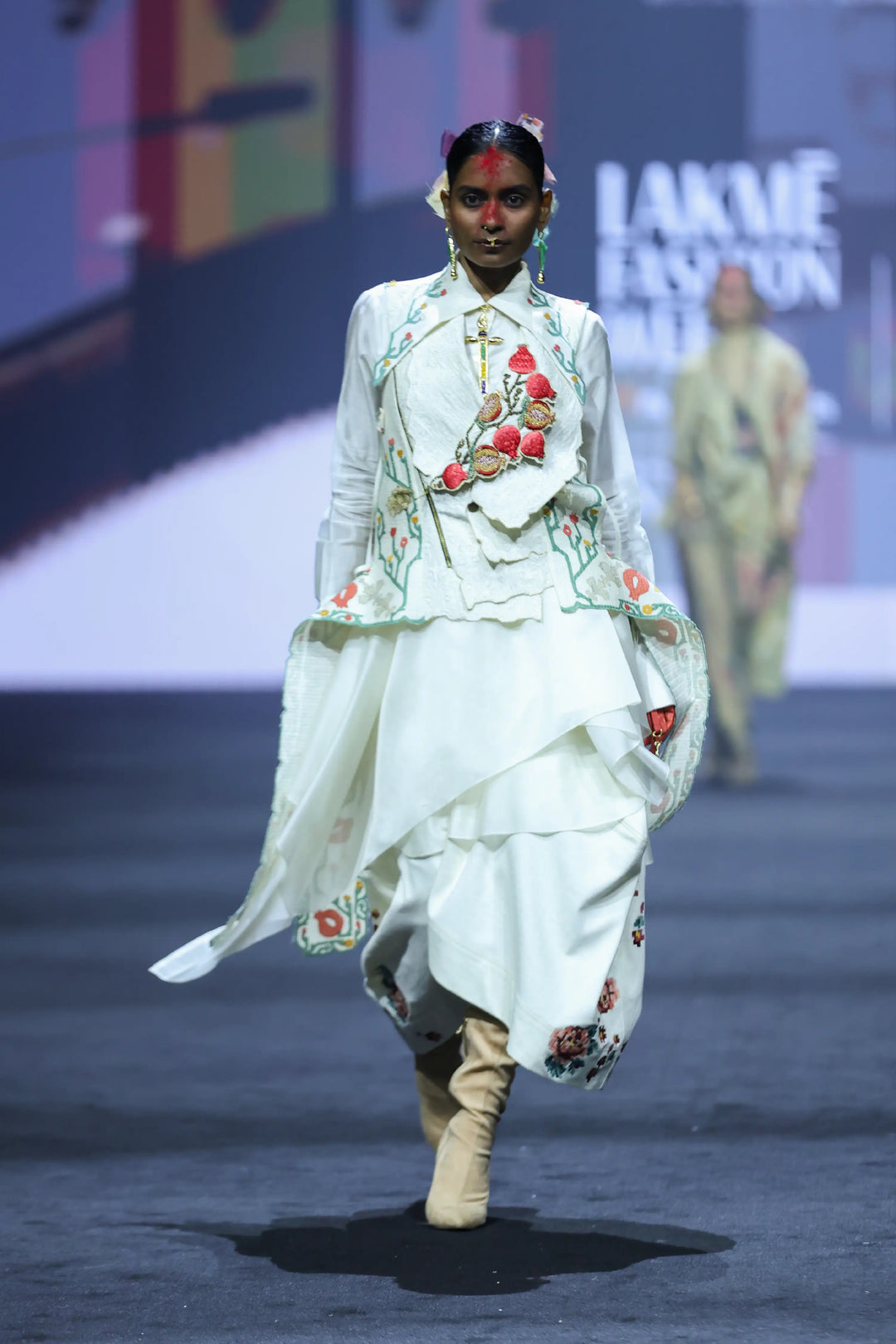 Pomogranate Emb Double Lapel Jacket Long Draped Shirt With Collar + Denim Barrel Skirt