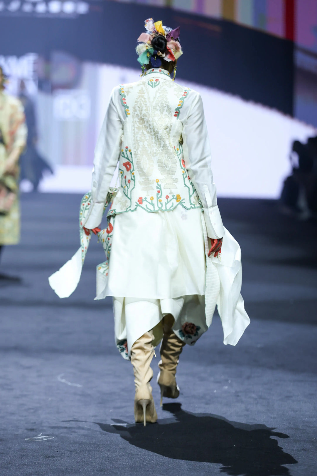 Pomogranate Emb Double Lapel Jacket Long Draped Shirt With Collar + Denim Barrel Skirt