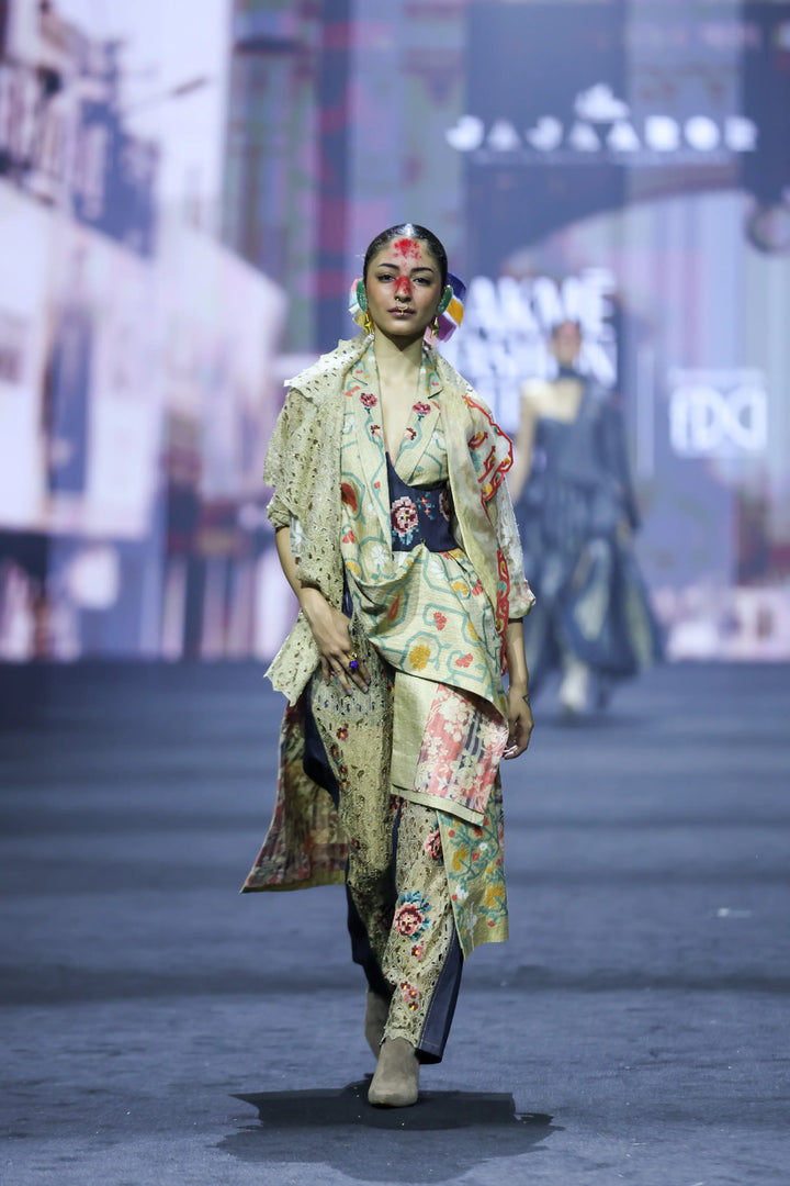 Long Emb Gold Jacket Combined With Emb Gold Short Trench + Emb Corset Belt + Emb Gold/Denim Barrel Fit Pants