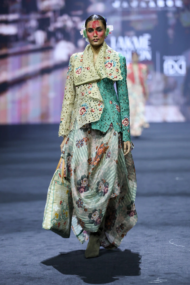 Emb Dual Colored Draped Collar Jacket With Printed Draped Organza Skirt