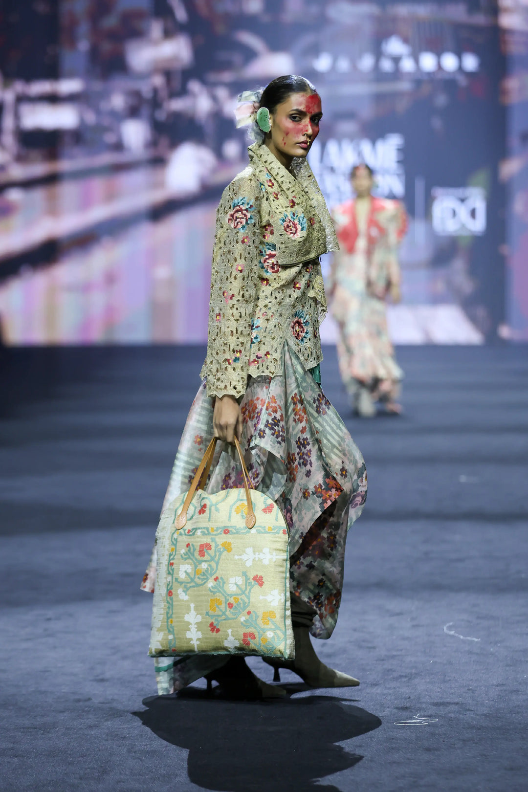 Emb Dual Colored Draped Collar Jacket With Printed Draped Organza Skirt