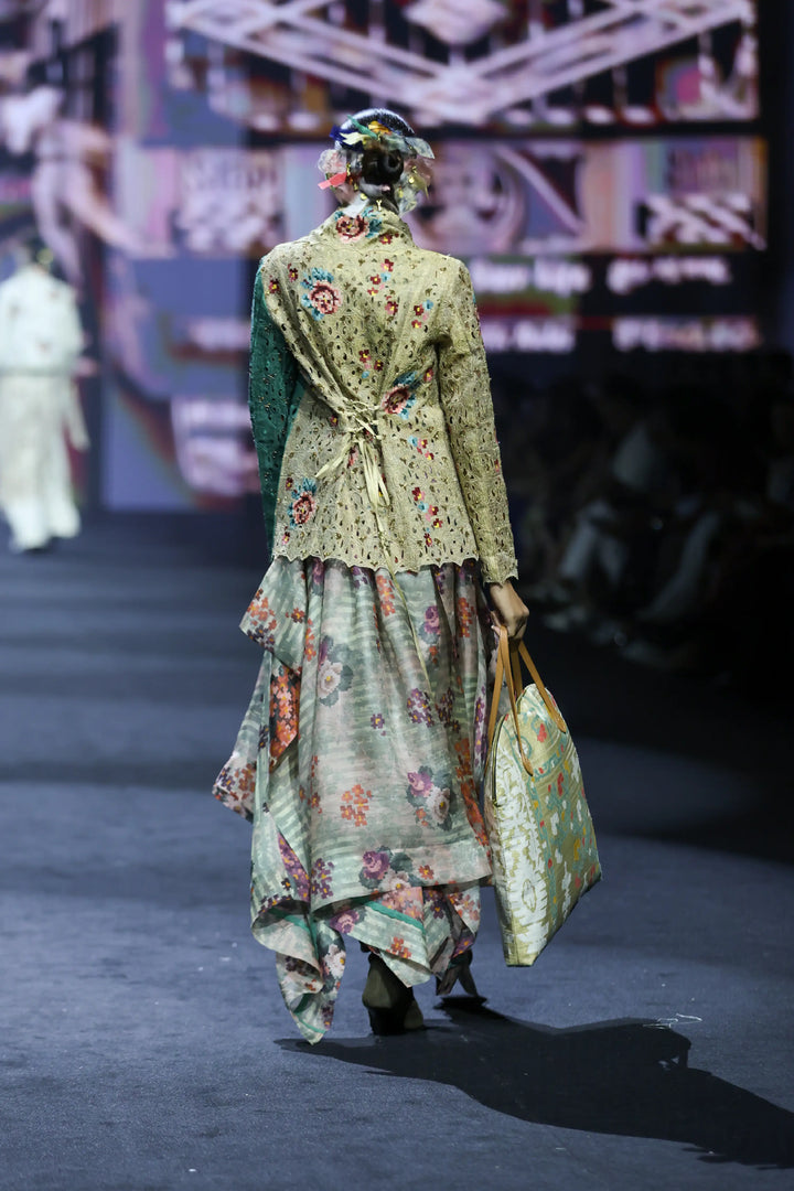 Emb Dual Colored Draped Collar Jacket With Printed Draped Organza Skirt