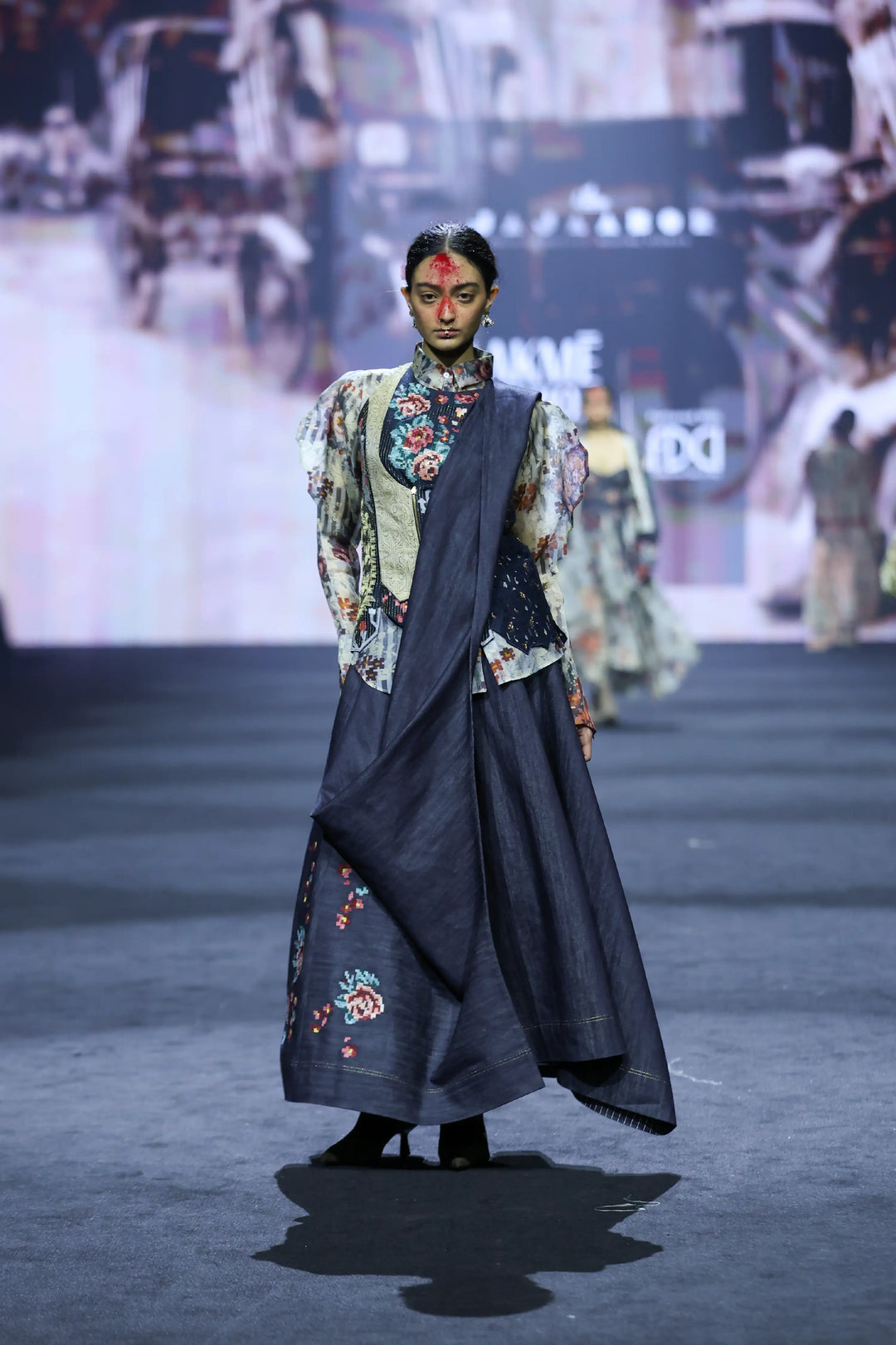Printed Organza Shirt With Emb Angrakha Style Jacket  And Draped Denim Skirt