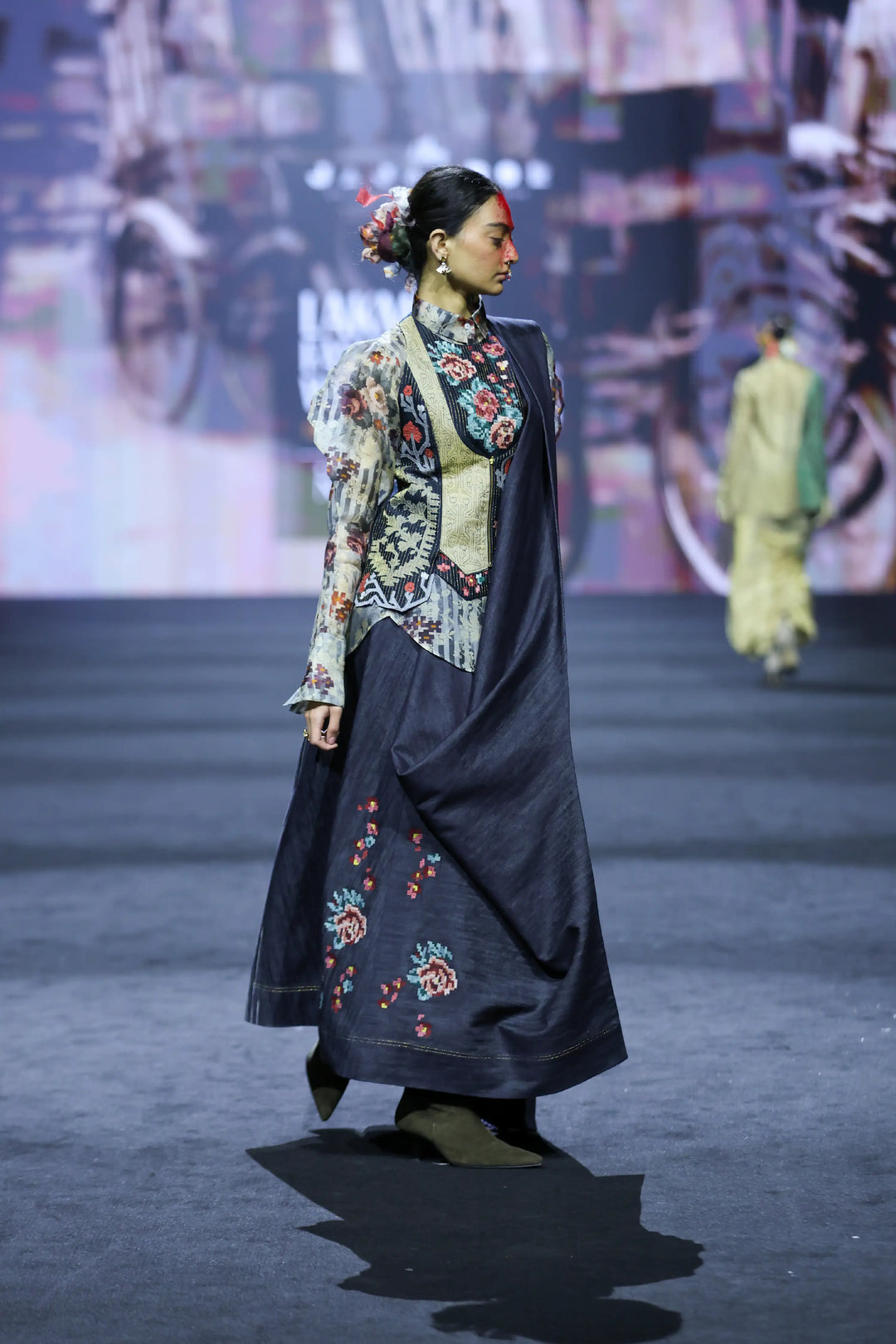 Printed Organza Shirt With Emb Angrakha Style Jacket  And Draped Denim Skirt