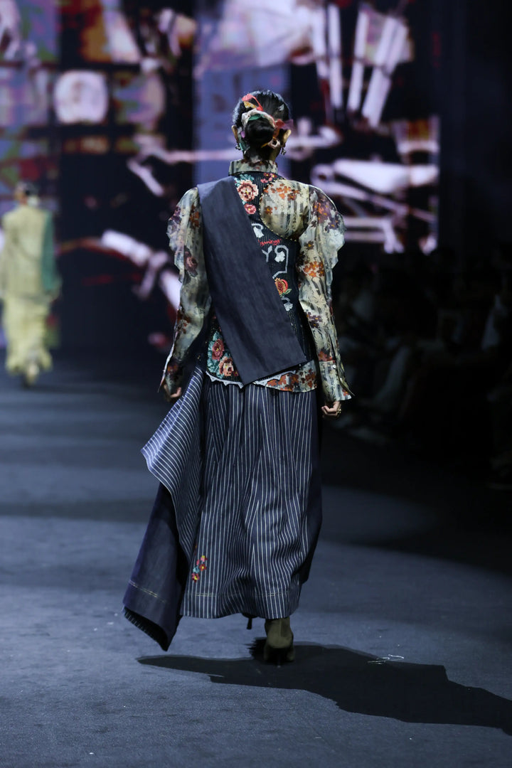 Printed Organza Shirt With Emb Angrakha Style Jacket  And Draped Denim Skirt